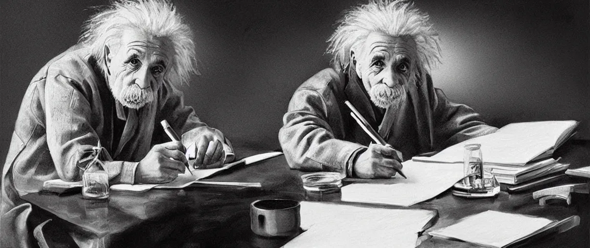 Image similar to “ a extremely detailed stunning portraits of einstein writing notes in laboratory by allen william on artstation ”