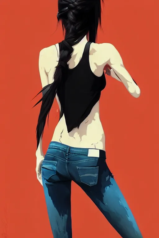 Image similar to a ultradetailed beautiful full body painting of a stylish woman in with a ponytail, she is wearing a black tank top and jeans, by conrad roset, greg rutkowski and makoto shinkai trending on artstation