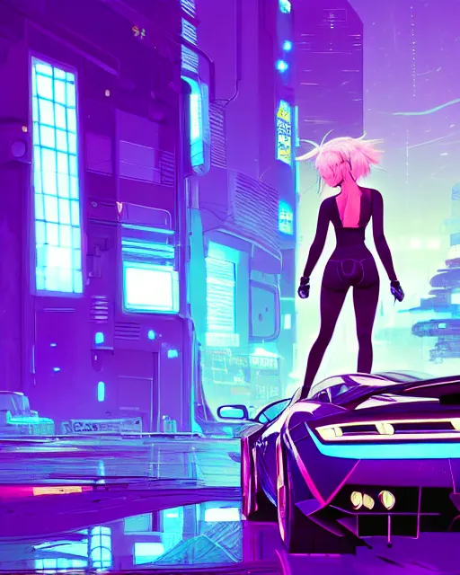 Prompt: digital illustration of cyberpunk pretty girl with blue hair, looking at a purple lamborghini, back view, in junkyard at night, by makoto shinkai, ilya kuvshinov, lois van baarle, rossdraws, basquiat