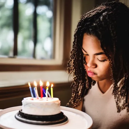 Image similar to a iPhone photo of a young woman blowing out the candles on her birthday cake