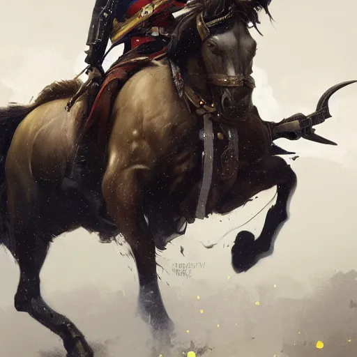 Prompt: napoleon on his horse while holding his gun and shooting by greg rutkowski