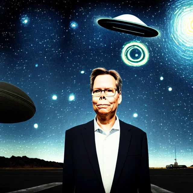 Image similar to a photo of bob lazar standing in area 5 1, alien spaceship and flying saucers inside hangar with open doors in background, starry night sky, cinematic lighting, detailed symmetrical face, photorealistic, highly detailed