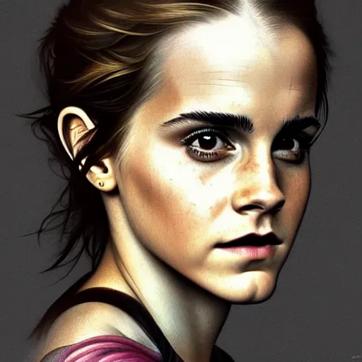 Image similar to Very funny Emma Watson looking like an old monkey, colorful painting on grey scale face, powerful , magic, thunders, dramatic lighting, intricate, wild, highly detailed, digital painting, artstation, concept art, smooth, sharp focus, illustration, art by artgerm and greg rutkowski and alphonse mucha, footage