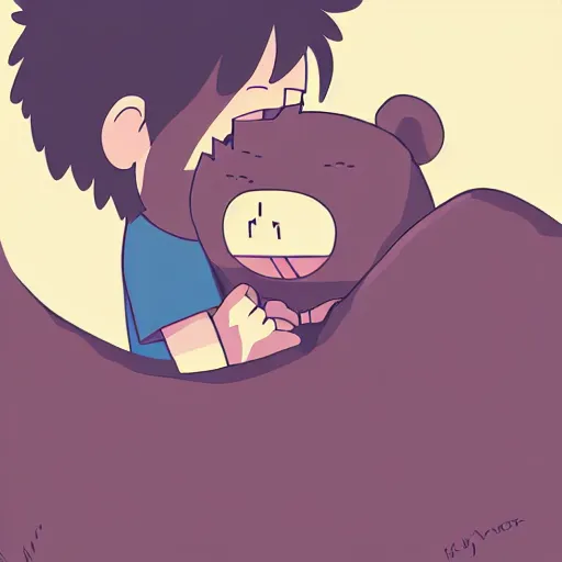 Image similar to young man burying his face on the belly of a giant teddy bear, screaming, cute, studio Ghibli, digital painting,