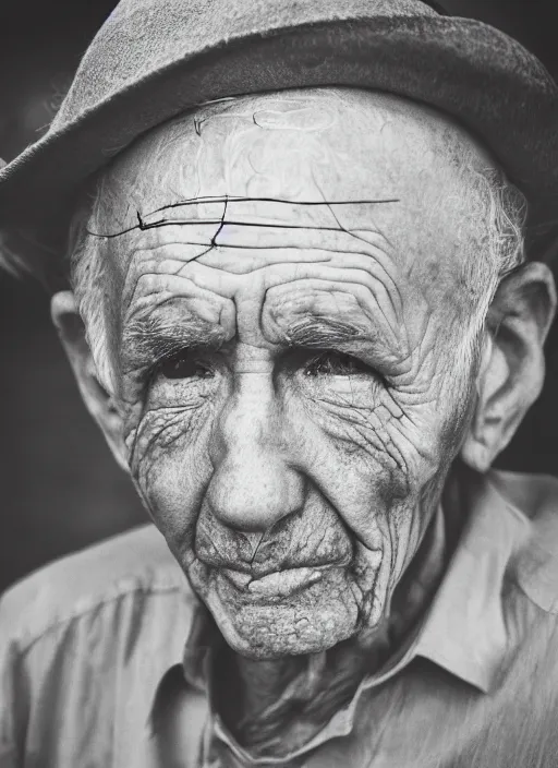 Image similar to A portrait photo of an old man with only one eye, high contrast, black and white