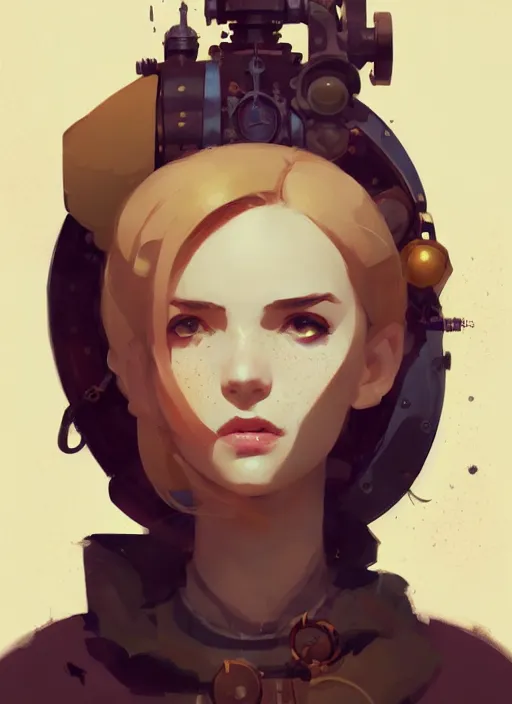 Image similar to portrait of cute girl, steampunk by atey ghailan, by greg rutkowski, by greg tocchini, by james gilleard, by joe gb fenton, by in gb kaethe butcher, dynamic lighting, gradient light yellow, brown, blonde cream and white color in scheme, grunge aesthetic