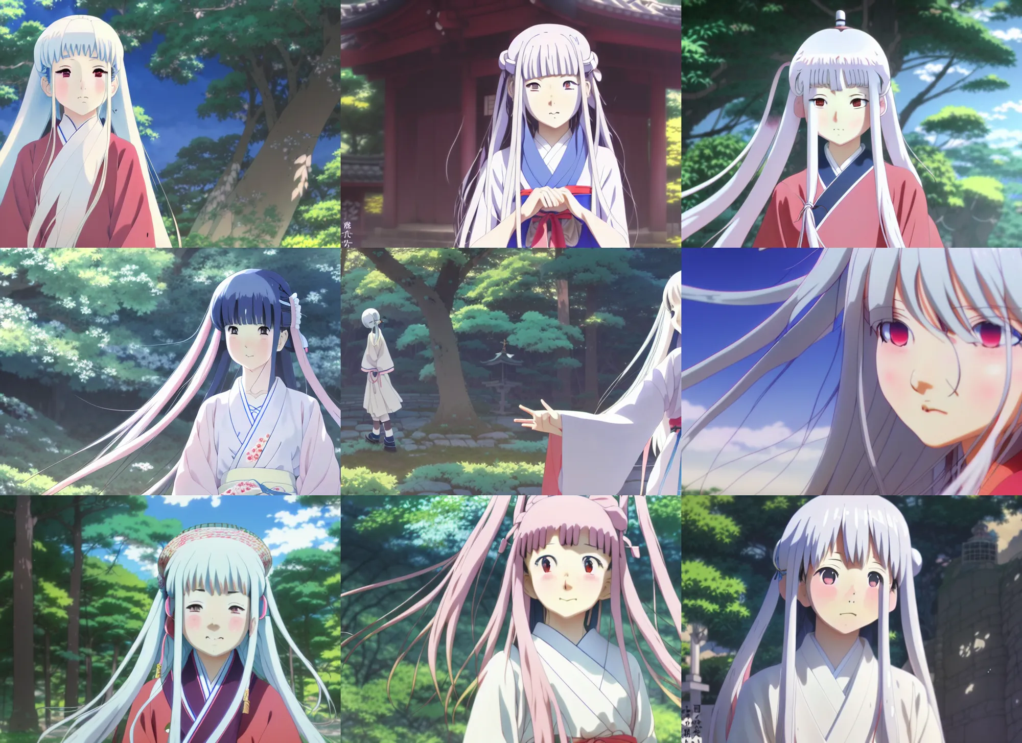 Prompt: anime film still portrait of a young japanese girl with long white hair in traditional clothing at a shrine, detailed facial features, dynamic pose, pixiv fanbox, yoshinari yoh, makoto shinkai takashi takeuchi studio ghibli, akihiko yoshida, 4 k