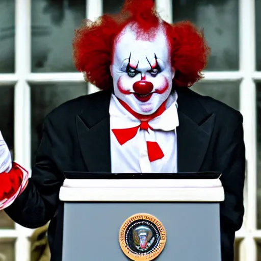 Image similar to The clown from It giving a speech as president of the USA