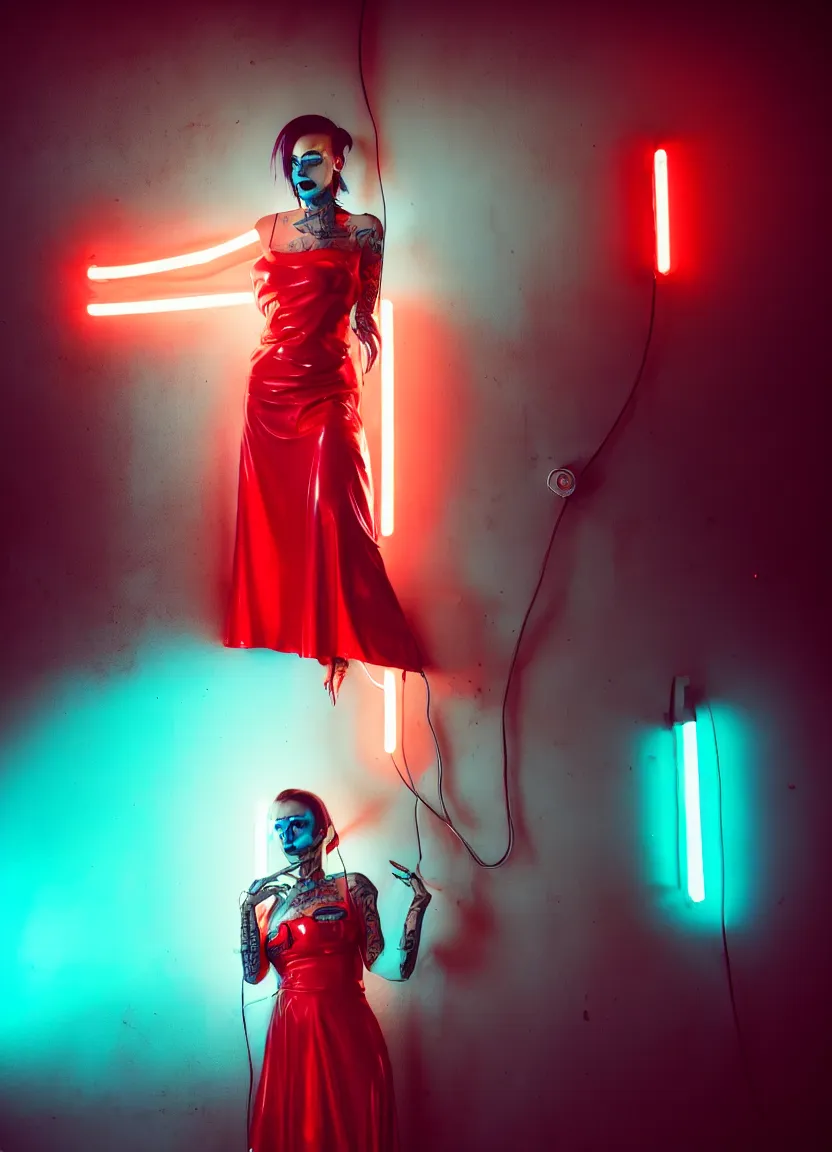 Prompt: woman, android, cyberpunk, artificial limbs, tattoos, neon light, hard light, glamour, vogue photoshoot, fashion, long dress, red dress, raindrops, rain, wet, make - up, leaky make - up, red lipstick