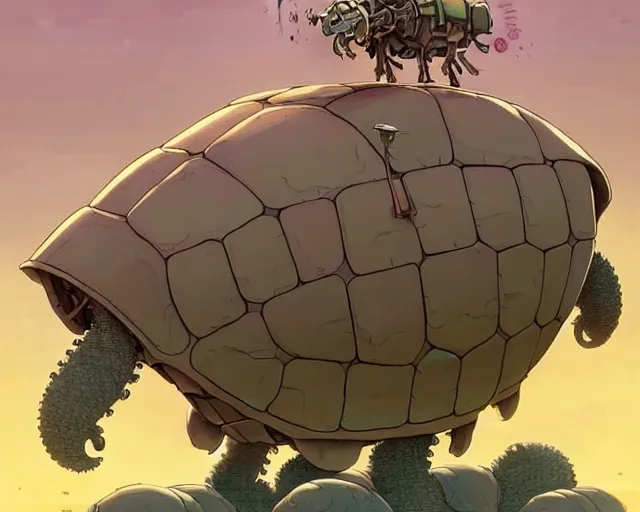 Prompt: a cell shaded cartoon giant lovecraftian mechanized turtle from howl's moving castle ( 2 0 0 4 ), on a desert road, full body, illustration, wide shot, very subtle colors, post grunge, concept art by josan gonzales, wlop, by james jean, victo ngai, trending on artstation, hq, deviantart, art by artgem