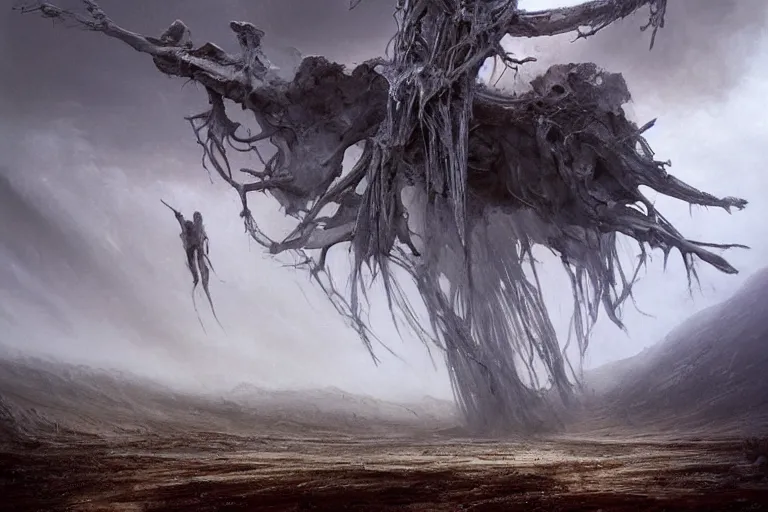 Prompt: prophecy, amazing concept painting by Jessica Rossier and HR giger and Beksinski, the middle of a valley; it was full of bones, bones that were very dry, there was a noise, a rattling sound, and the bones came together, bone to bone , I looked, and tendons and flesh appeared on them and skin covered them, but there was no breath in them and breath entered them, they came to life and stood up on their feet a vast army