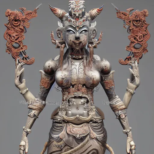 Image similar to naraka buddhist demon korean female, highly detailed, symmetrical long head, smooth marble surfaces, detailed ink illustration, raiden metal gear, cinematic smooth stone, deep aesthetic, concept art, post process, 4 k, carved marble texture and silk cloth, latex skin, highly ornate intricate details, in the style of 8 8 grzes