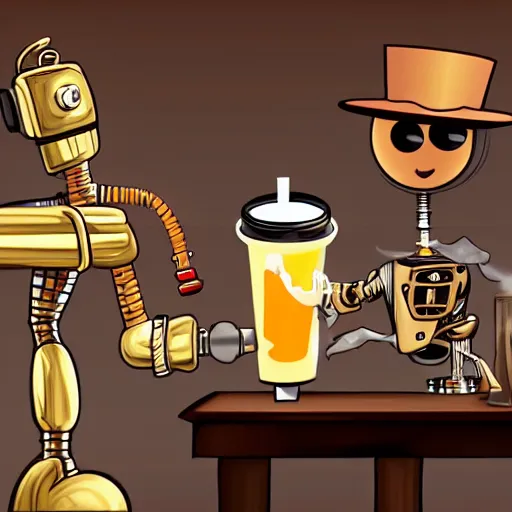 Image similar to steampunk robot drinking a cup of oil in a bar