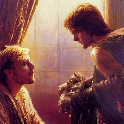 Image similar to attractive male arthur pendragon confesses his love to attractive male merlin. highly detailed painting by gaston bussiere, craig mullins, j. c. leyendecker 8 k