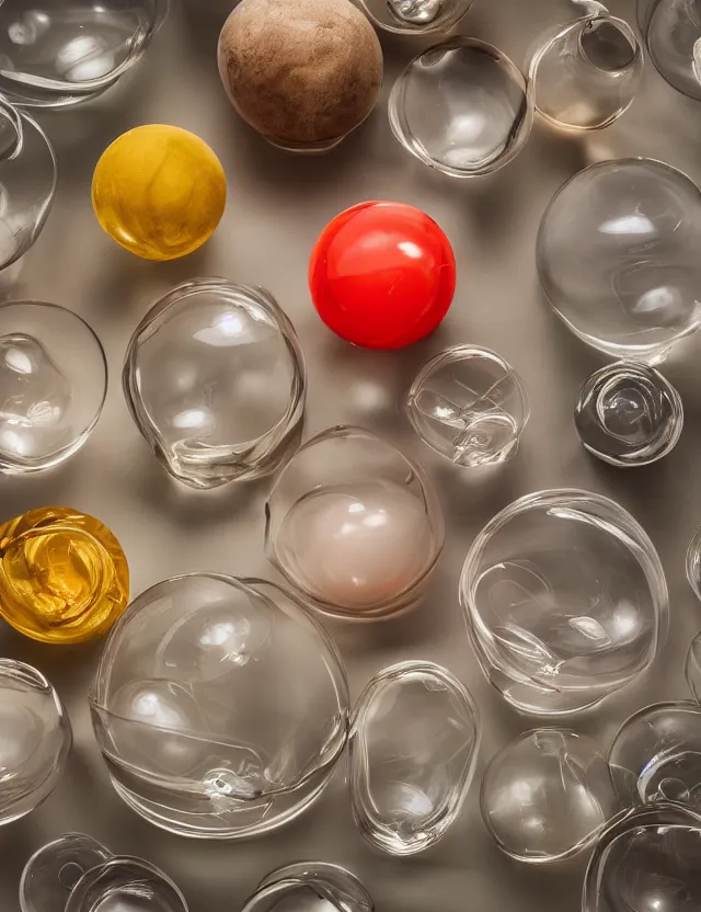 Prompt: a well - lit studio photograph of various opaque colored organic plastic model organs floating in a clear bowl of water, some smooth, some wrinkled, some long, some spherical, various sizes, textures, and transparencies, beautiful, smooth, detailed, inticate