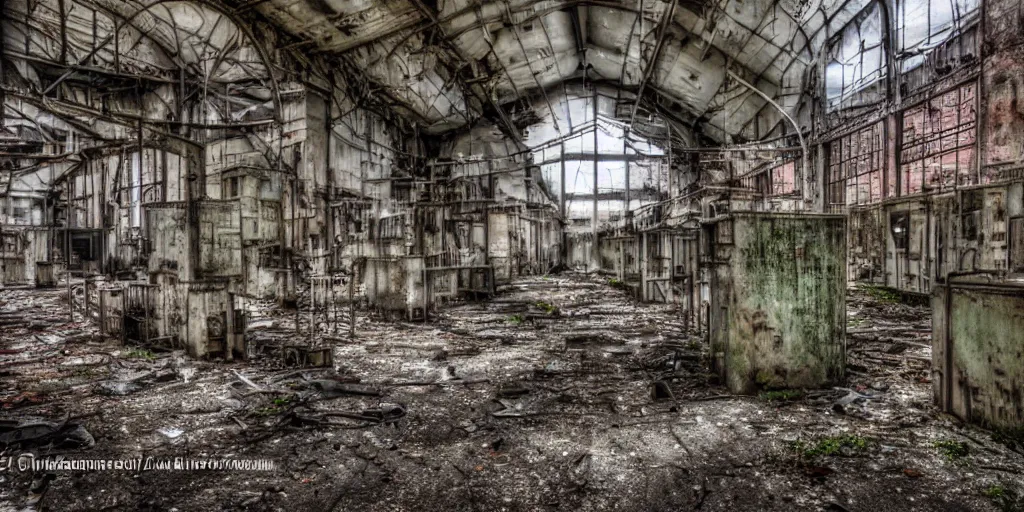 Image similar to urban exploration, abandoned places, urban decay, old factory, rundown industrial area, urban exploration photography, overgrown factory, disused power plant