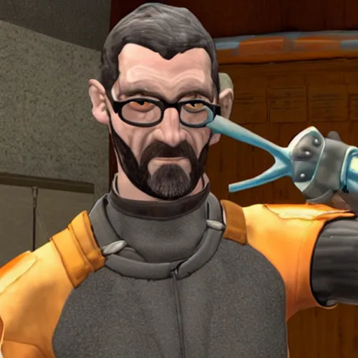 Prompt: gordon freeman with a halo over his head and fish for hands