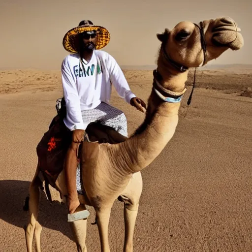 Image similar to snoop dogg riding a camel