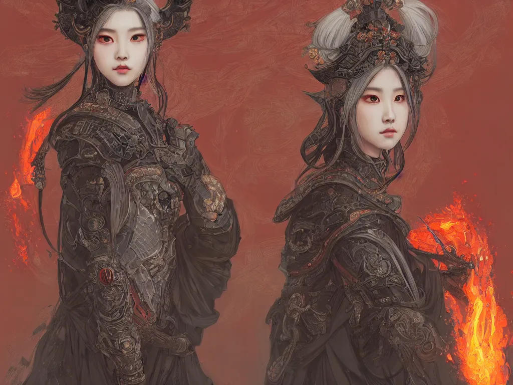 Image similar to portrait jisoo blackpink, grey hair armored samurai clothes, in fire japanese temple wet night, ssci - fi and fantasy, intricate and very very beautiful and elegant, highly detailed, digital painting, artstation, concept art, smooth and sharp focus, illustration, art by tian zi and wlop and alphonse mucha