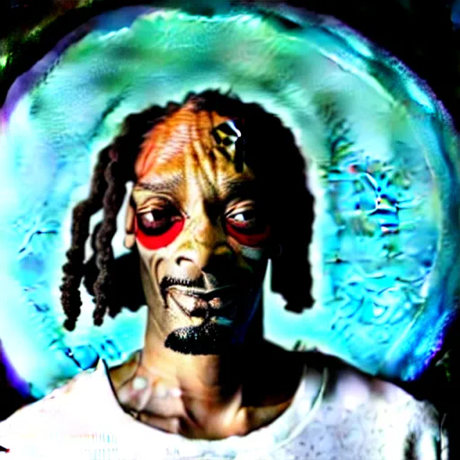 Image similar to Snoop Dog with big eyes eye color red , smiling and holding a joint in his hand