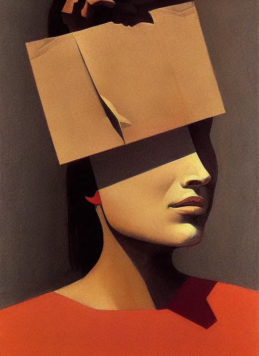 Image similar to closeup of woman with a paper bag over the head Edward Hopper and James Gilleard, Zdzislaw Beksinski, highly detailed