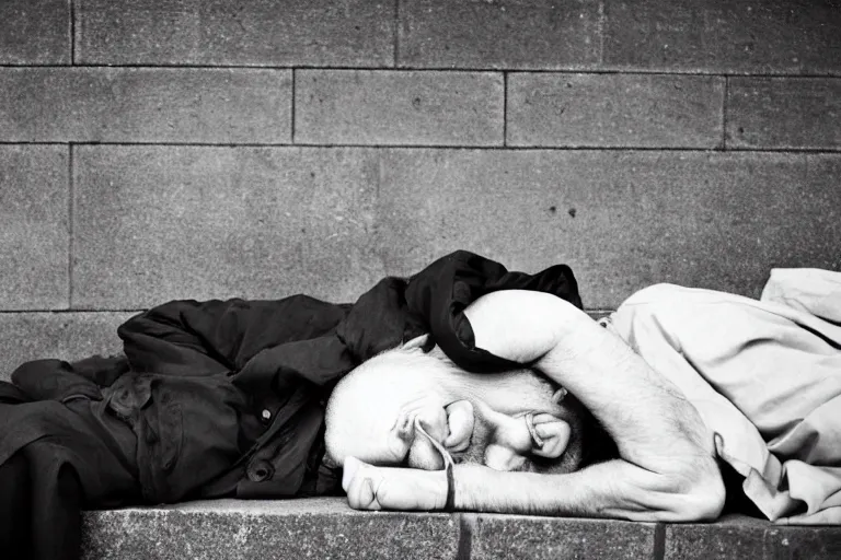 Image similar to closeup portrait of homeless boris johnson sleeping under a london bridge, natural light, sharp, detailed face, magazine, press, photo, steve mccurry, david lazar, canon, nikon, focus
