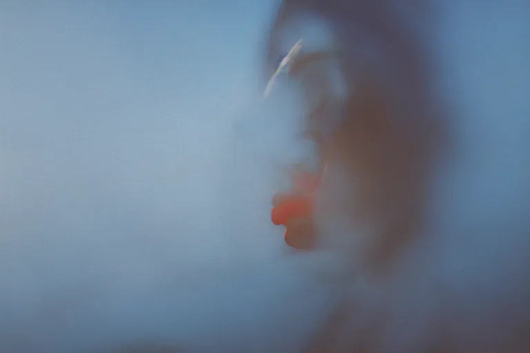 Prompt: film photography, gonzo, woman\'s mouth with smeared lipstick in motion blur in blue fog, golden hour, 35mm, motion blur