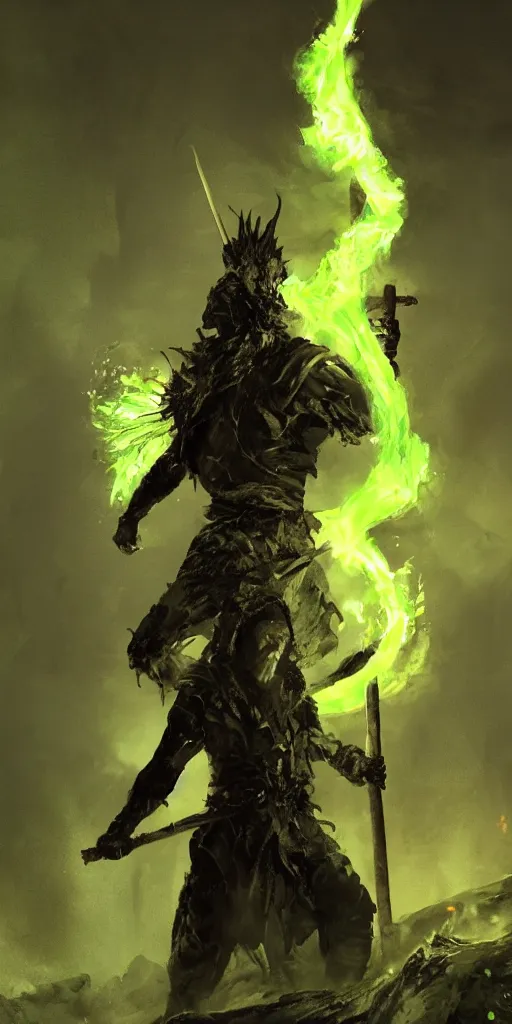 Prompt: a man with a missing an arm holding a spear made entirely of green fire wearing a leather cloak fighting a bad guy made of black smoke, dramatic lighting, cinematic, establishing shot, extremely high detail, photo realistic, cinematic lighting, post processed, concept art, artstation, matte painting, style by eddie mendoza, raphael lacoste, alex ross