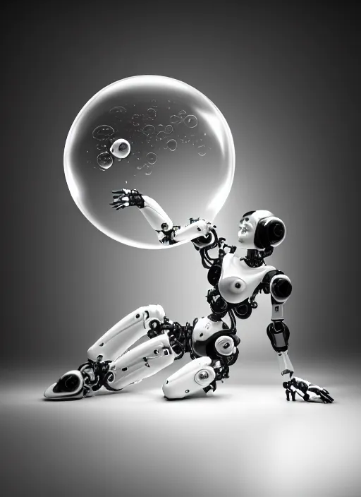 Image similar to black and white lithography of a young beautiful delicate translucent luminous cyborg - robot giving birth to the new world in a bubble, inspired by michelangelo, spiritual, halo, glory, rim light, cinematic, studio dramatic light, poetic, surreal mythical dreamy dark artistic masterpiece, octane render, 8 k, photo