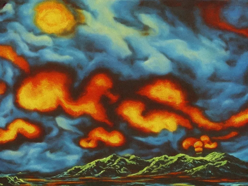 Image similar to bob ross painting of nuclear holocaust