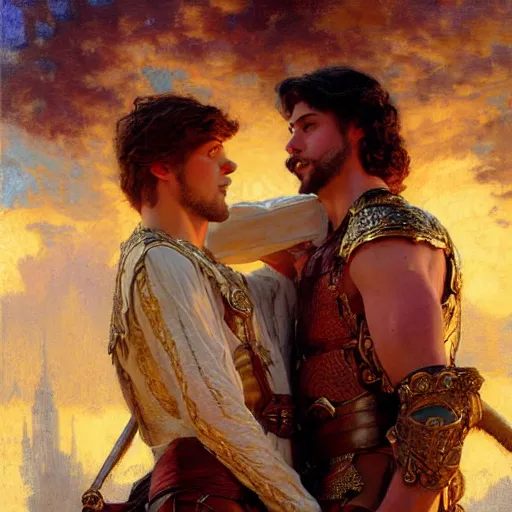 Image similar to attractive fully clothed king confesses his love for his attractive fully clothed male prince. highly detailed painting by gaston bussiere, craig mullins, j. c. leyendecker 8 k