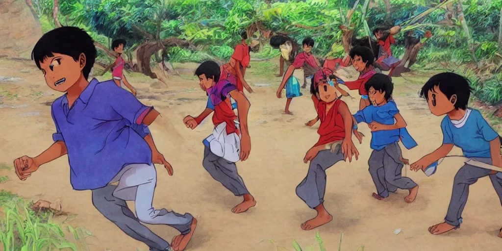 Image similar to sri lankan kids playing, drawn by hayao miyazaki