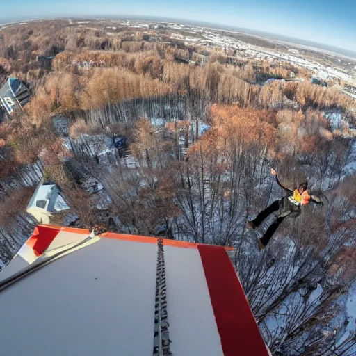 Prompt: base jumping, roof of suburban house, tv news report