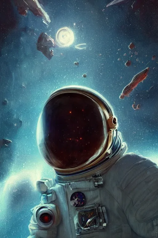 Image similar to the look of an astronaut musician with a cracked helmet and imperfections by artgem and greg rutkowski, highly detailed, high contrast, light reflection, trippy, nebula, trending on artstation