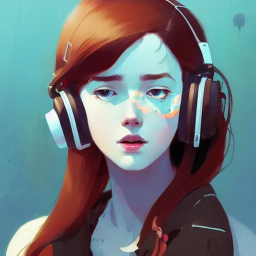 Prompt: beautiful artistic - wave highly detailed portrait female, with head phones, long red hair, by atey ghailan, by greg rutkowski, by greg tocchini, by james gilleard, by joe fenton, by kaethe butcher, dynamic lighting, gradient light blue, brown, blonde cream and white color scheme, grunge aesthetic