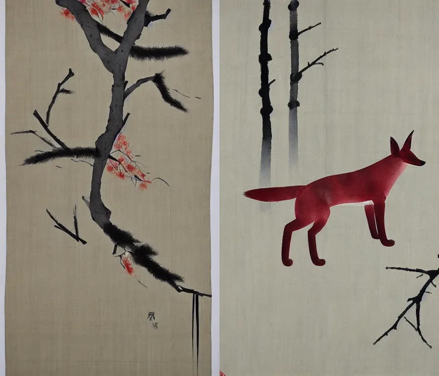 Prompt: pine, plum and grey fox, by Shen Quan, hanging scroll on wall, ink and colour on silk, muted colours