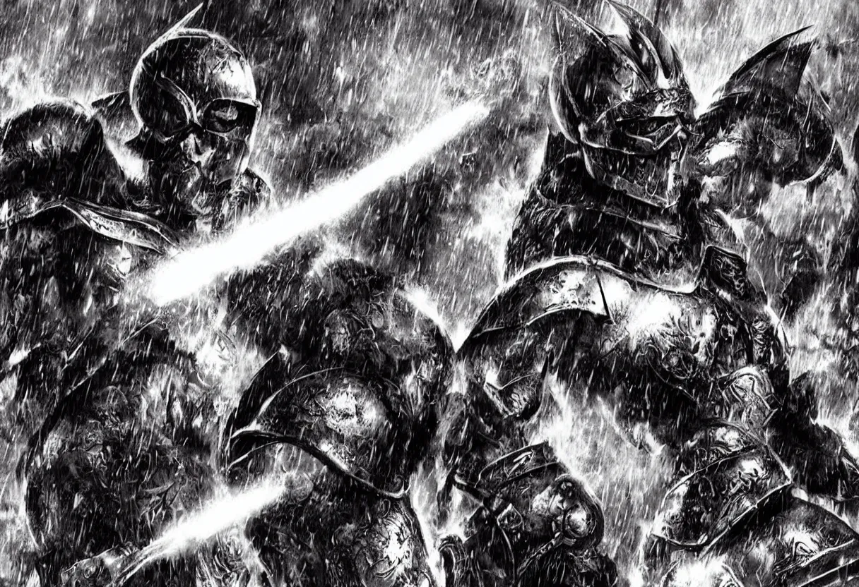 Prompt: leonidas king zack snyder artwork battle large scale wearing helmets raining fire swords and spears red capes battle scarred helmets