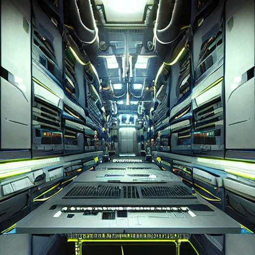 Image similar to professional painting of monumental conscious supercomputer with huge - cybernetic - face!!!! in the center of endless colossal server room talking with small people, trending on artstation, cyberpunk, sci - fi, futuristic, by greg rutkowski and maciej kuciara, high quality, perspective depth