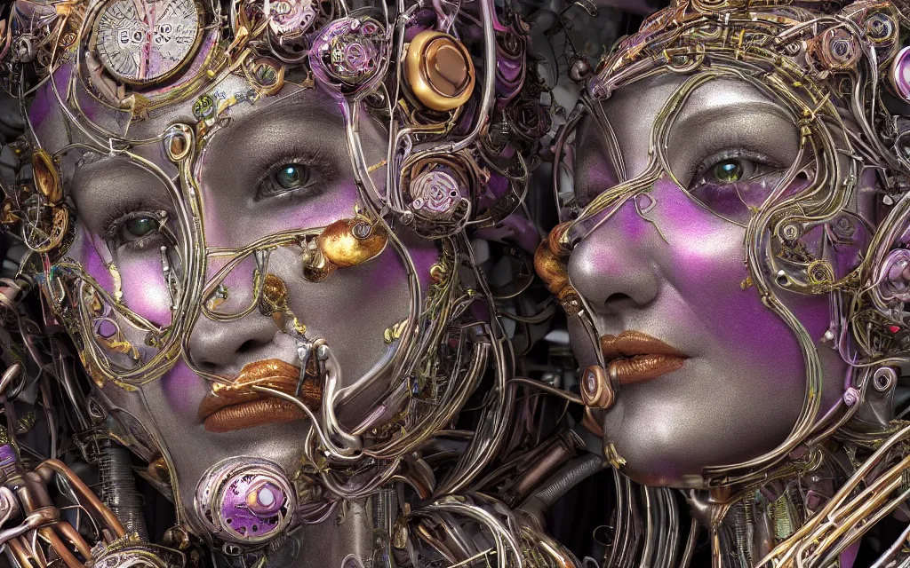 Prompt: mythical metallic colorful organic bio - mechanical spinal ribbed profile face portrait, detail of titanium mechanical beautiful female, angelic - cyborg, highly detailed, intricate steampunk floral ornate, poetic, 3 d render, digital art, octane render, 8 k artistic photography, photo - realistic, by dora maar