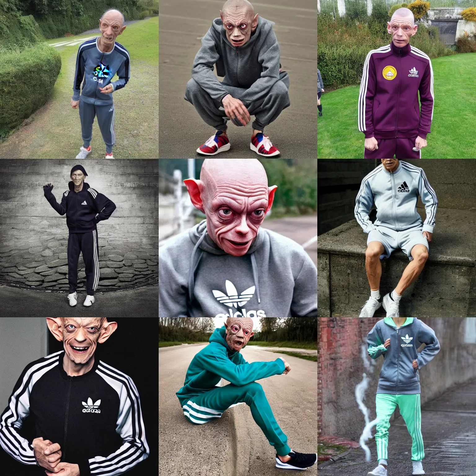 Prompt: Gollum in adidas tracksuit eating slop
