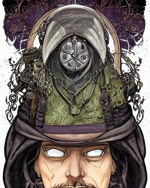 Image similar to a detailed portrait illustration of a steampunk wizard - rogue. beautiful feminine male face. art nouveau, pop art, comic book style. influenced by neil gaiman, h. p. lovecraft, dan mumford, farel dalrymple, vadim voitekhovitch, killian eng, ross tran.