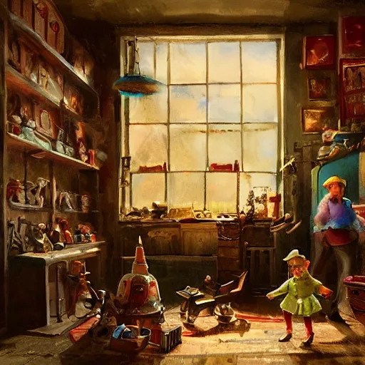 Image similar to an old dusty Victorian era toymaker's shop interior lit by a large window in the style of Craig mullins and colorful + a large toy rocket sits on the floor, center in room.