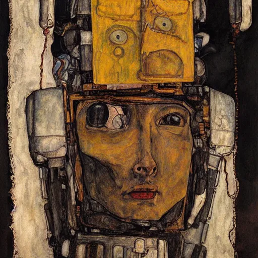 Image similar to portrait of a robot by egon schiele in the style of greg rutkowski