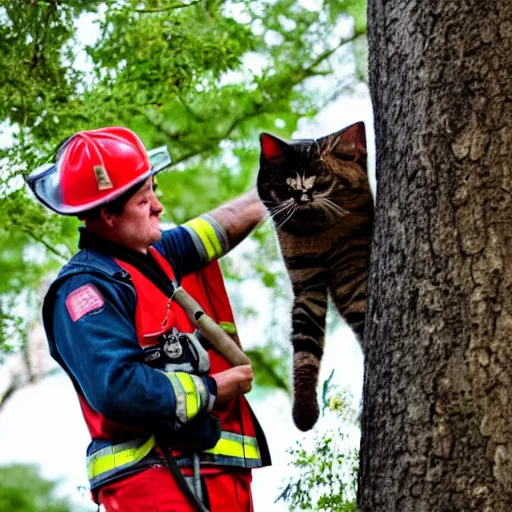 Prompt: a fireman rescuing a cat from a tree