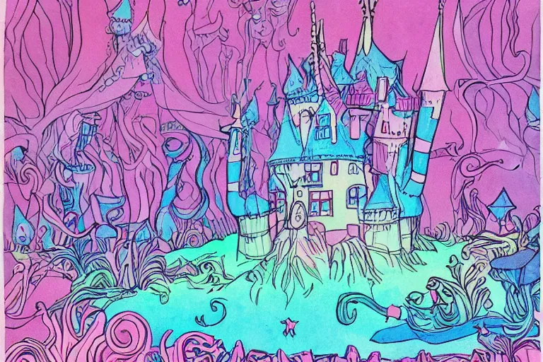 Image similar to a drawing of a pink and blue castle, a storybook illustration by dr seuss, tumblr, psychedelic art, concept art, storybook illustration, whimsical