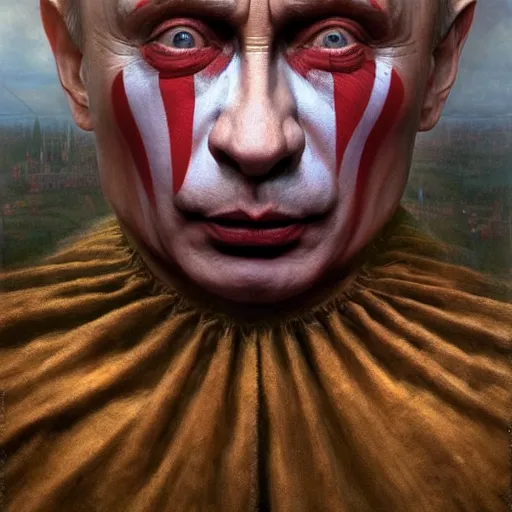 Image similar to vladimir putin, is a jester, circus performance, have red clown nose, fantasy 3 d render, masterpiece, by donato giancola and greg rutkowski and wayne barlow and zdzisław beksinski, realistic face