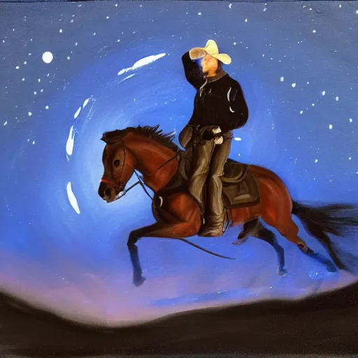 Prompt: a high contrast oil painting of a cowboy riding a horse towards a glowing blue ring suspended in a dark night sky