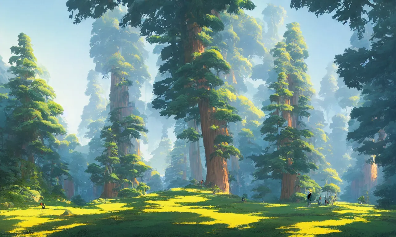 Image similar to Sequoia Park in a colorful moutain with beautiful trees ,morning , by studio ghibli painting, superior quality, masterpiece, traditional Japanese colors, by Grzegorz Rutkowski, concept art