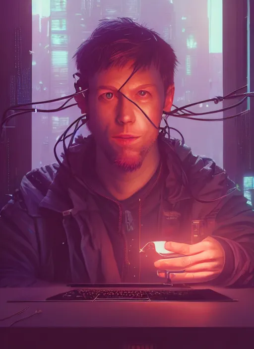 Image similar to highly detailed surreal vfx portrait of a cyberpunk gloomy hacker, wires to the head, stephen bliss, unreal engine, greg rutkowski, loish, rhads, beeple, makoto shinkai and lois van baarle, ilya kuvshinov, rossdraws, tom bagshaw, alphonse mucha, global illumination, detailed and intricate environment