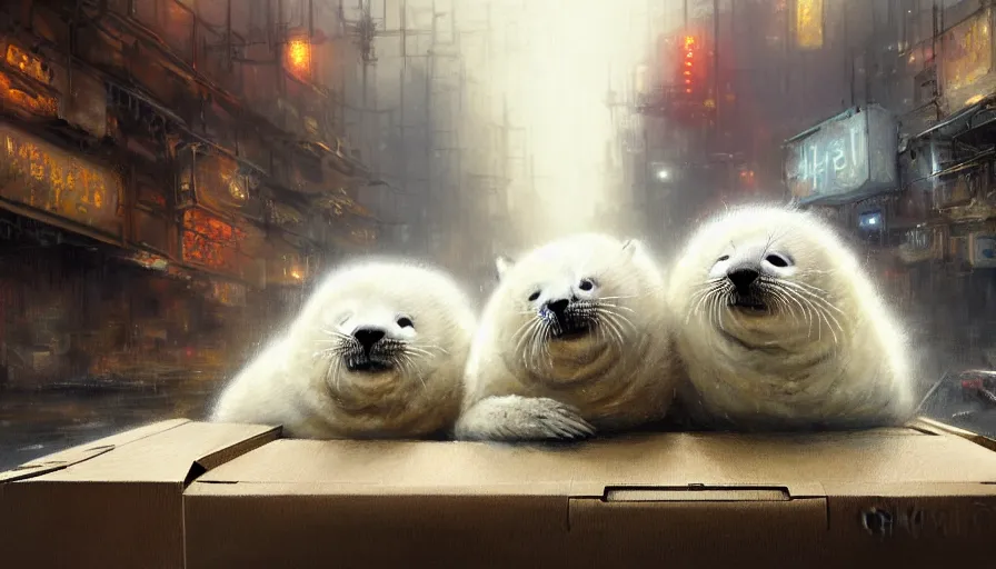 Image similar to highly detailed painting of cute furry white baby seals cuddled up in a cardboard box in a dystopian cyberpunk street by william turner, by greg rutkowski, thick brush strokes and visible paint layers, 4 k resolution, retrowave colour scheme